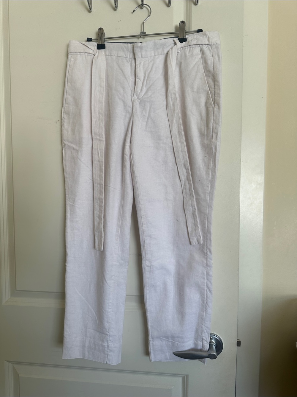 White Linen Blend Pants with Waist Tie